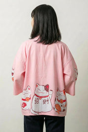 Cárdigan Kimono Maneki Neko rosa vista trasera gato de la suerte maneki neko streetwear japonés Ropa Japonesa