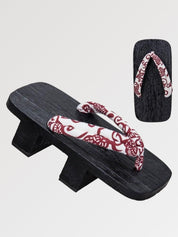 Geta japonesa Aomori con hanao burdeos festivo sobre madera negra yakisugi Ropa Japonesa