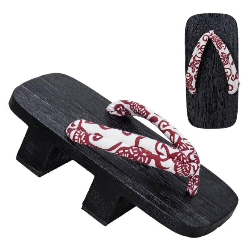 Geta japonesa Aomori con hanao burdeos festivo sobre madera negra yakisugi Ropa Japonesa