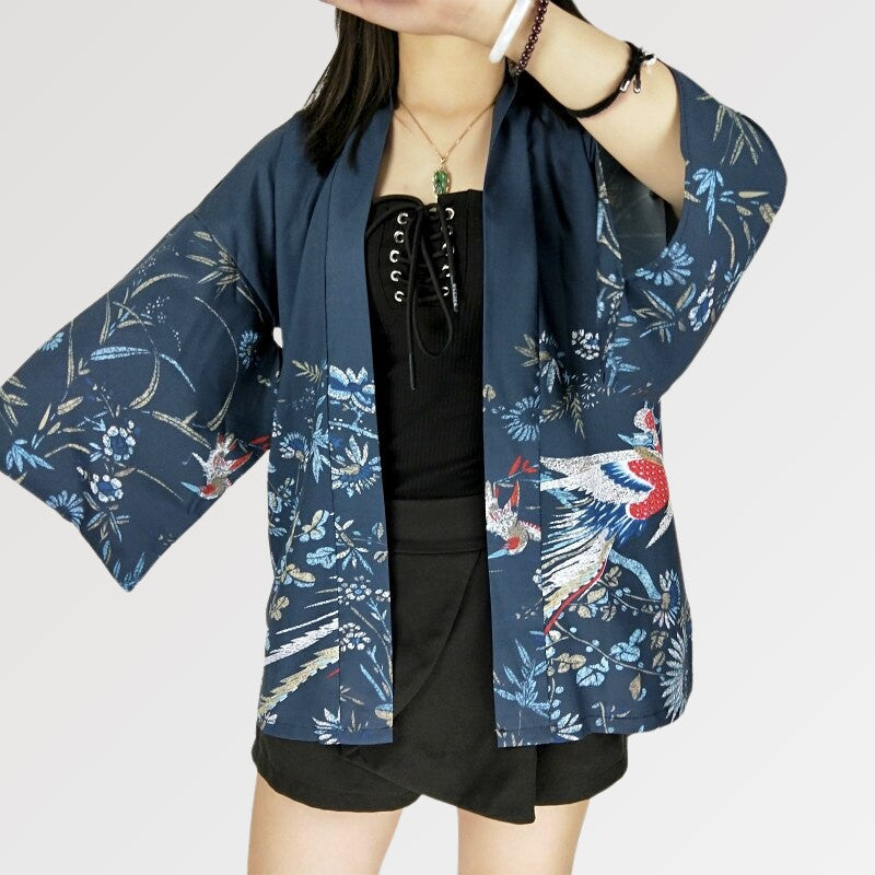 Chaqueta kimono de seda para mujer con motivo de águila japonesa