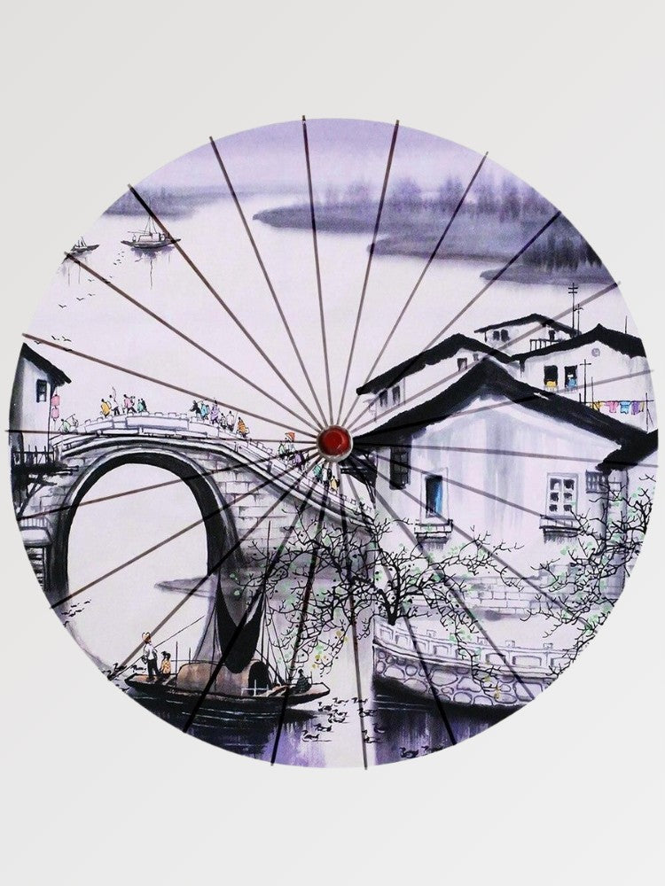 Sombrilla japonesa wagasa Ichigoko con puente y aldea sumi-e sobre papel washi Ropa Japonesa