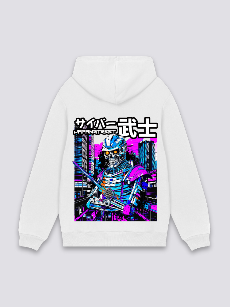 Sudadera cyberpunk samurái esqueleto blanco estampado japonés oversize