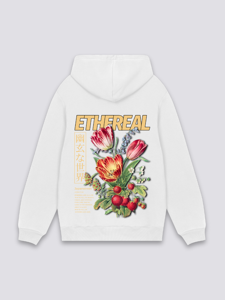 Sudadera con capucha flores ramo etéreo blanco estampado japonés oversize