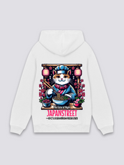 Sudadera gato cocinero ramen blanco estampado japonés oversize