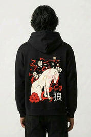 Sudadera loup blanc cerezos line art estampado japonés oversize Ropa Japonesa