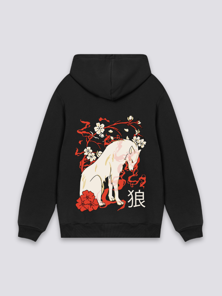 Sudadera loup blanc cerezos line art estampado japonés oversize