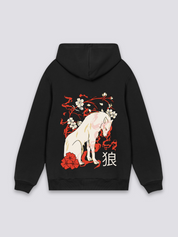 Sudadera loup blanc cerezos line art estampado japonés oversize