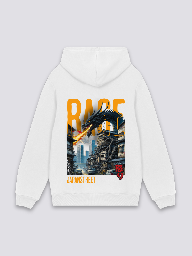 Sudadera con capucha dragón en furia blanco estampado japonés oversize