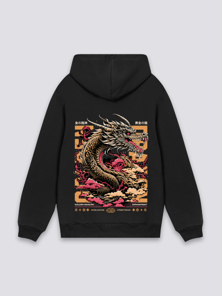 Sudadera dragón japonés dorado estampado japonés oversize