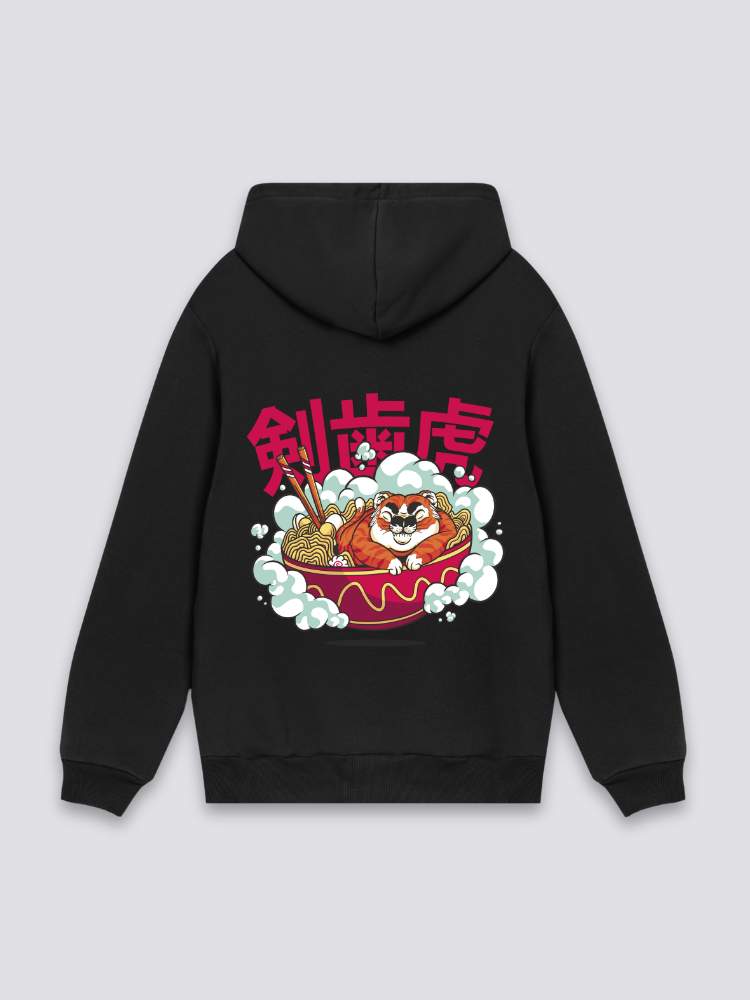 Sudadera tigre dientes de sable ramen negro estampado japonés oversize