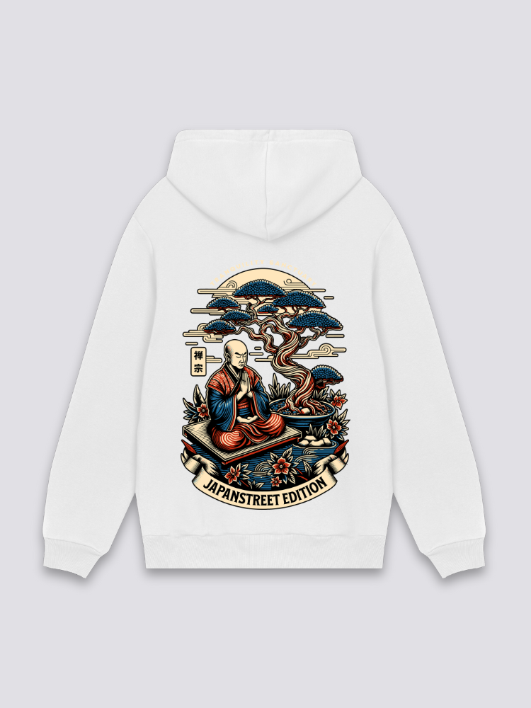 Sudadera monje y bonsái blanco estampado japonés oversize