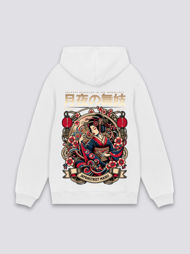 Sudadera con capucha geisha y peonías blanco estampado japonés oversize