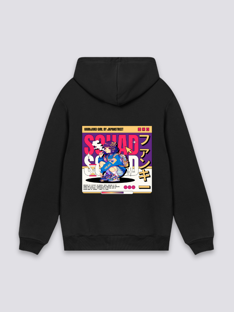 Sudadera Harajuku personajes funky negro estampado japonés oversize