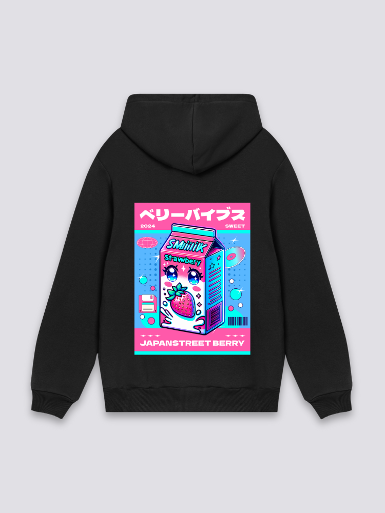 Sudadera kawaii leche de fresa negro estampado japonés oversize