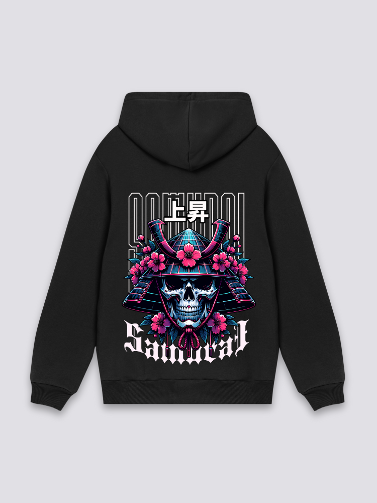 Sudadera con capucha samurái esqueleto cerezos estampado japonés oversize