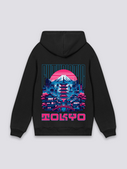 Sudadera con capucha Tokio Fuji futurista negro estampado japonés oversize