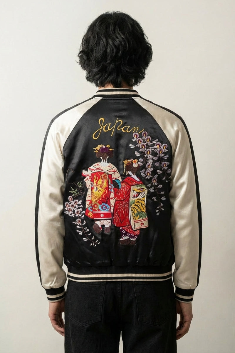 Sukajan bordado japonés Hanamachi champán poliéster geisha glicinas streetwear japonés Ropa Japonesa