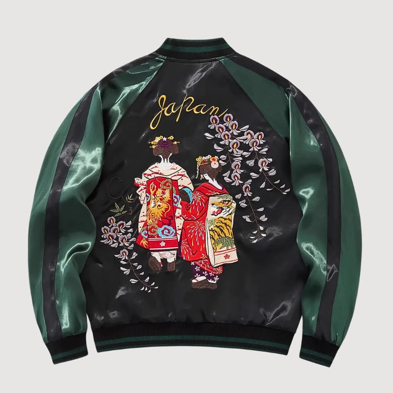Sukajan bordado japonés Hanamachi champán poliéster geisha glicinas streetwear japonés Ropa Japonesa