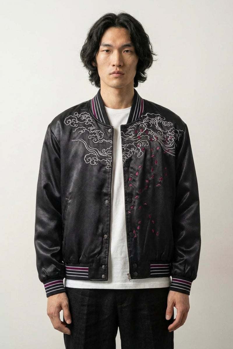 Sukajan dragón bordado Kokuryū Flame negro poliéster dragón llamas streetwear japonés Ropa Japonesa