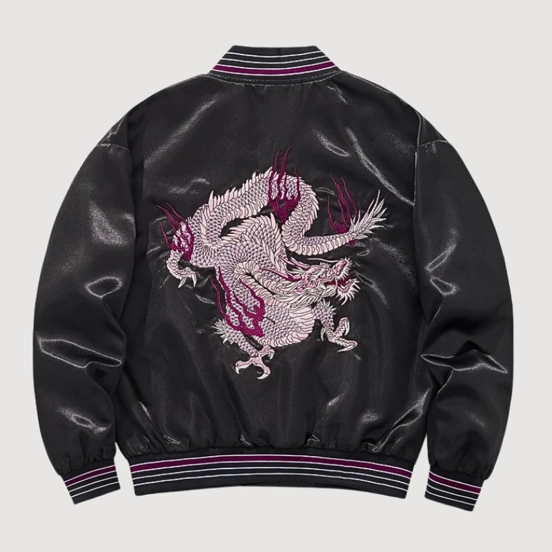 Sukajan dragón bordado Kokuryū Flame negro poliéster dragón llamas streetwear japonés Ropa Japonesa