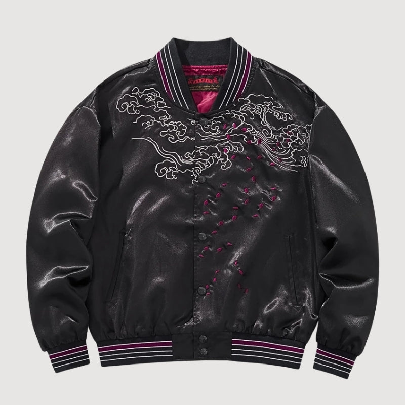 Sukajan dragón bordado Kokuryū Flame negro poliéster dragón llamas streetwear japonés Ropa Japonesa
