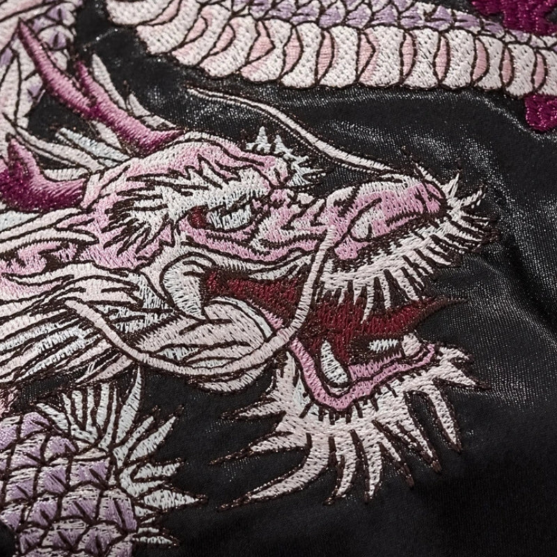 Sukajan dragón bordado Kokuryū Flame negro poliéster dragón llamas streetwear japonés Ropa Japonesa