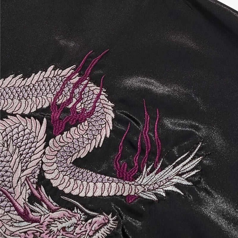 Sukajan dragón bordado Kokuryū Flame negro poliéster dragón llamas streetwear japonés Ropa Japonesa
