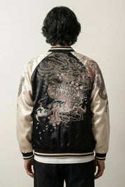 Sukajan dragón bordado Raijin no Ikazuchi beige poliéster dragón rayos streetwear japonés Ropa Japonesa
