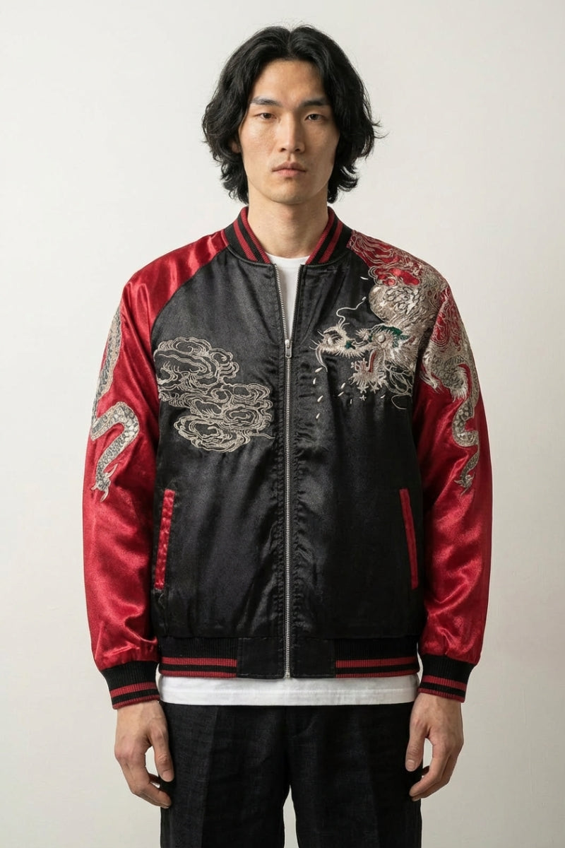 Sukajan dragón bordado Raijin no Ikazuchi beige poliéster dragón rayos streetwear japonés Ropa Japonesa