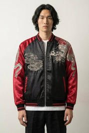 Sukajan dragón bordado Raijin no Ikazuchi beige poliéster dragón rayos streetwear japonés Ropa Japonesa