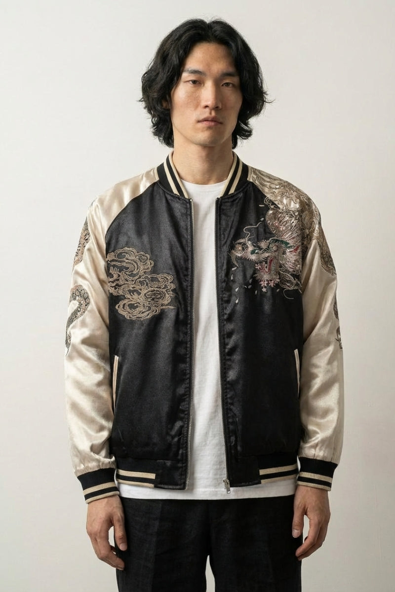 Sukajan dragón bordado Raijin no Ikazuchi beige poliéster dragón rayos streetwear japonés Ropa Japonesa