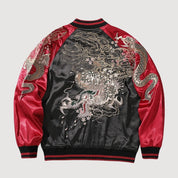 Sukajan dragón bordado Raijin no Ikazuchi beige poliéster dragón rayos streetwear japonés Ropa Japonesa