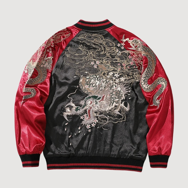 Sukajan dragón bordado Raijin no Ikazuchi beige poliéster dragón rayos streetwear japonés Ropa Japonesa
