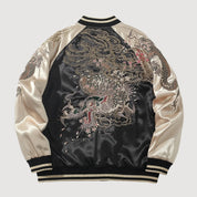 Sukajan dragón bordado Raijin no Ikazuchi beige poliéster dragón rayos streetwear japonés Ropa Japonesa