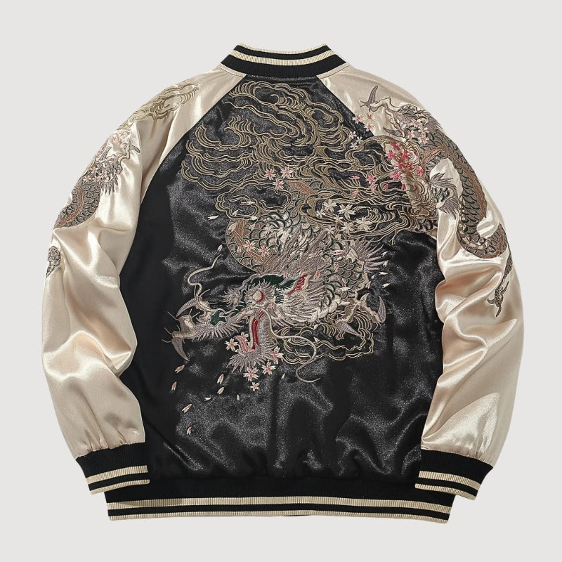 Sukajan dragón bordado Raijin no Ikazuchi beige poliéster dragón rayos streetwear japonés Ropa Japonesa