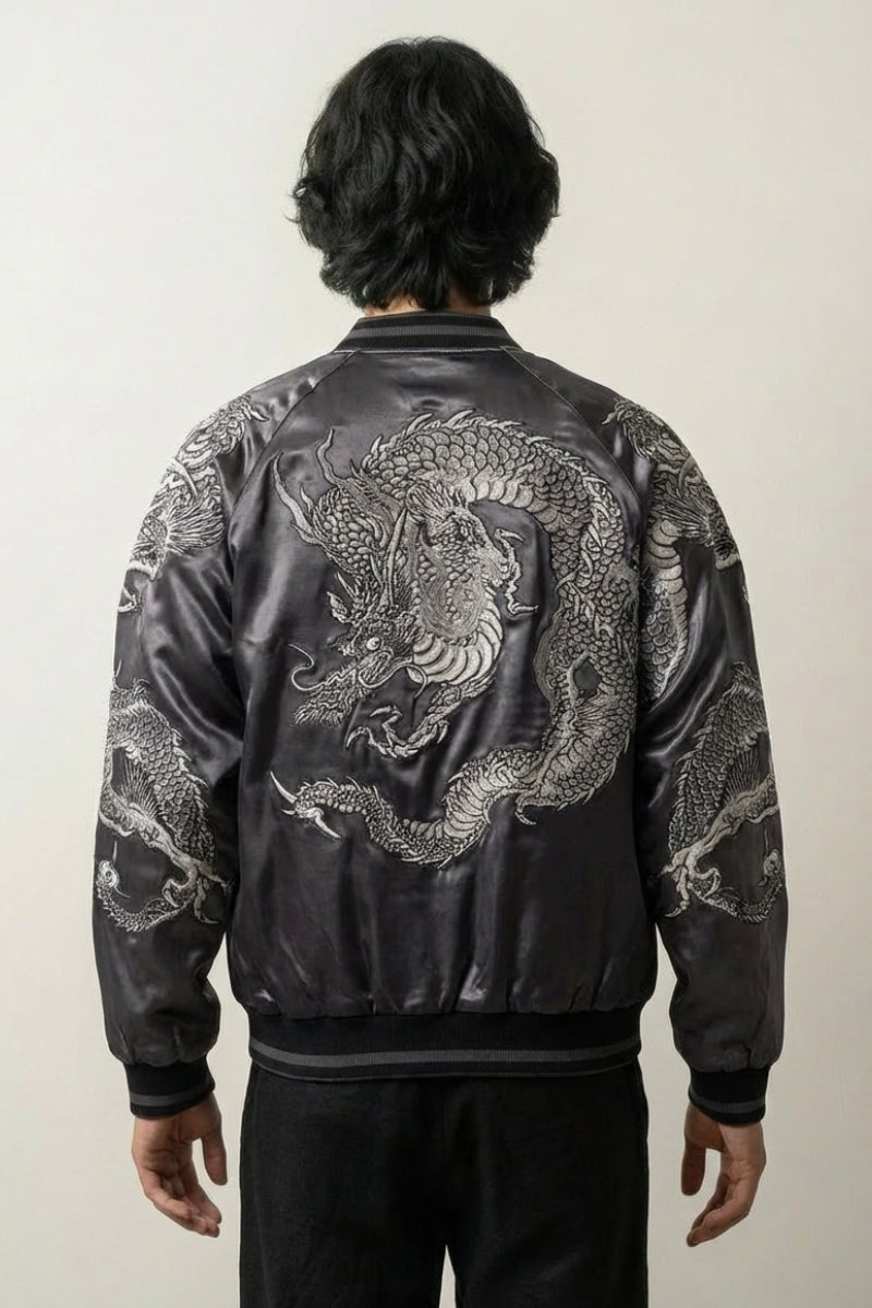 Sukajan dragón hombre Kurotatsu gris poliéster dragón plateado streetwear japonés Ropa Japonesa