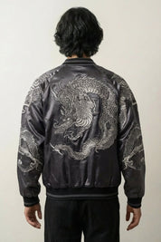 Sukajan dragón hombre Kurotatsu gris poliéster dragón plateado streetwear japonés Ropa Japonesa