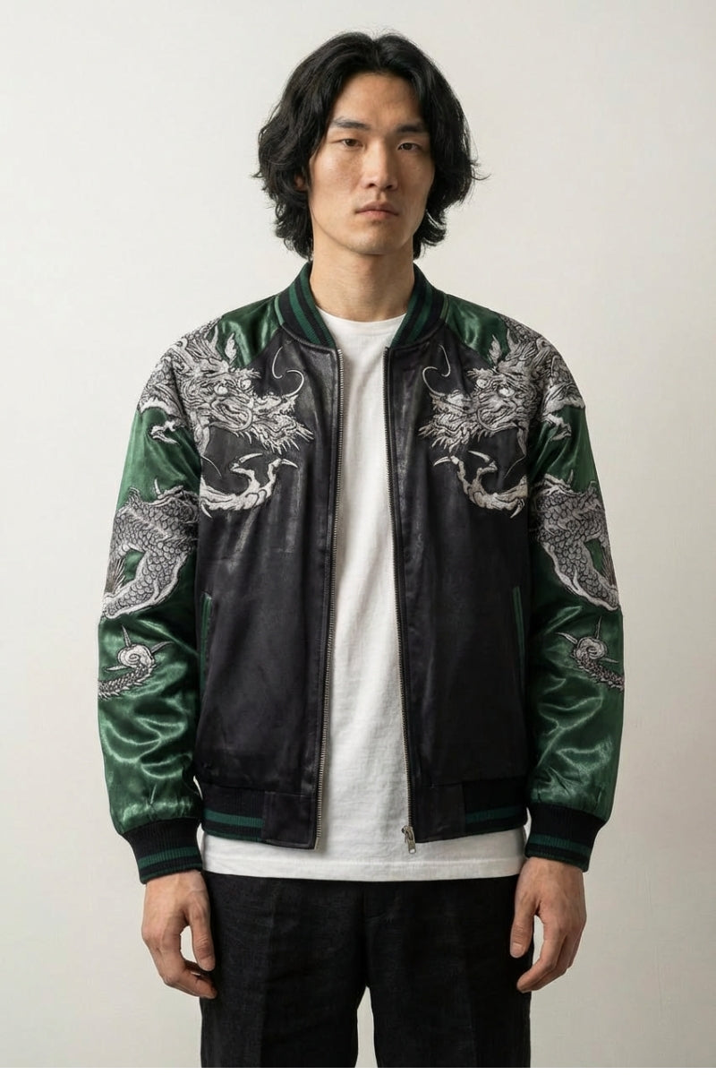 Sukajan dragón hombre Kurotatsu gris poliéster dragón plateado streetwear japonés Ropa Japonesa