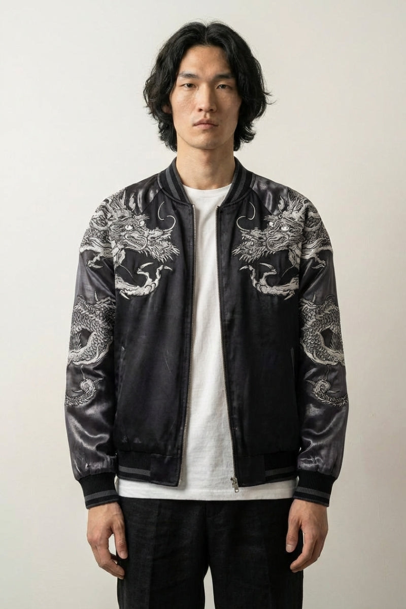 Sukajan dragón hombre Kurotatsu gris poliéster dragón plateado streetwear japonés Ropa Japonesa