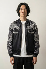 Sukajan dragón hombre Kurotatsu gris poliéster dragón plateado streetwear japonés Ropa Japonesa