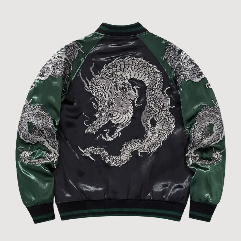 Sukajan dragón hombre Kurotatsu gris poliéster dragón plateado streetwear japonés Ropa Japonesa