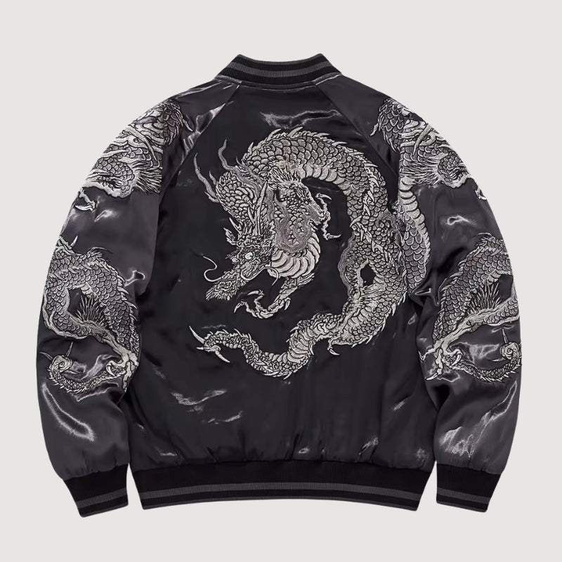 Sukajan dragón hombre Kurotatsu gris poliéster dragón plateado streetwear japonés Ropa Japonesa