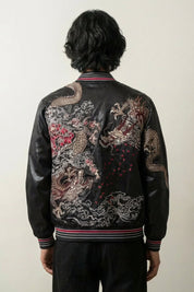 Sukajan Kuro Ryujin negro, bordado en la espalda de dos dragones en espejo con escamas plata y cobre, cazadora souvenir japonesa - Ropa Japonesa