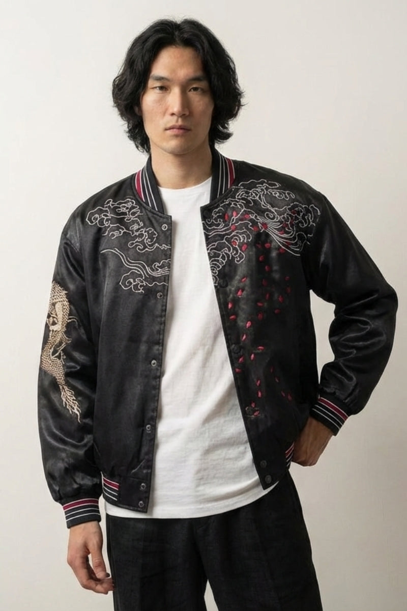 Sukajan dragón negro Kuro Ryujin poliéster dos dragones espejo streetwear japonés Ropa Japonesa