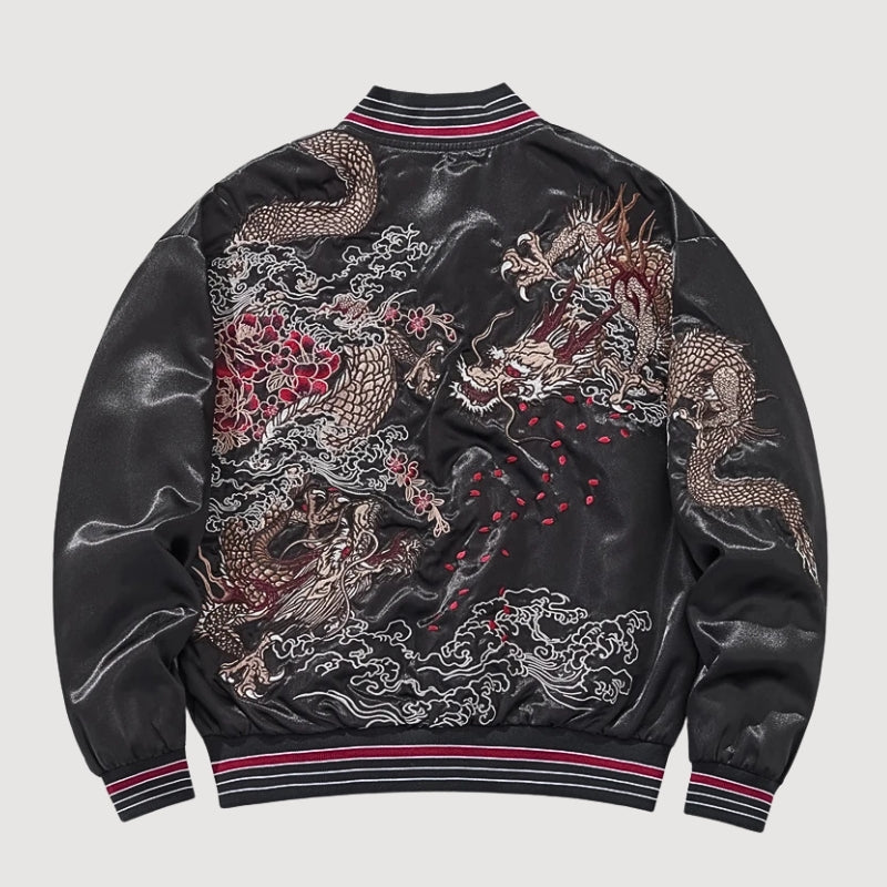 Sukajan dragón negro Kuro Ryujin poliéster dos dragones espejo streetwear japonés Ropa Japonesa