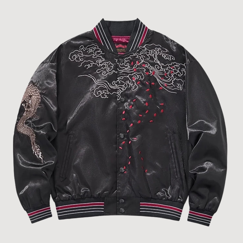 Sukajan dragón negro Kuro Ryujin poliéster dos dragones espejo streetwear japonés Ropa Japonesa