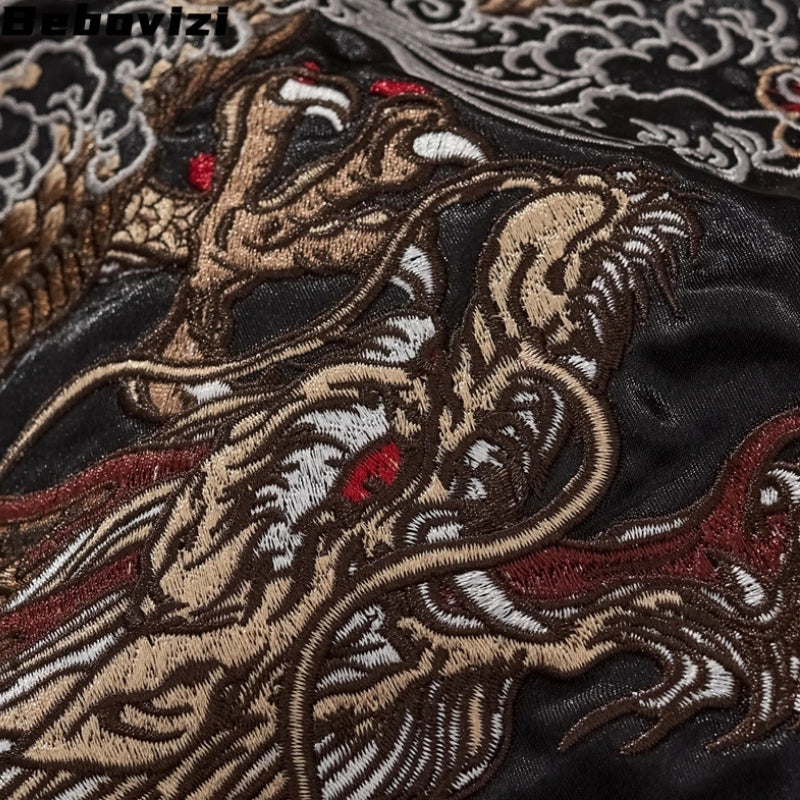 Sukajan dragón negro Kuro Ryujin poliéster dos dragones espejo streetwear japonés Ropa Japonesa