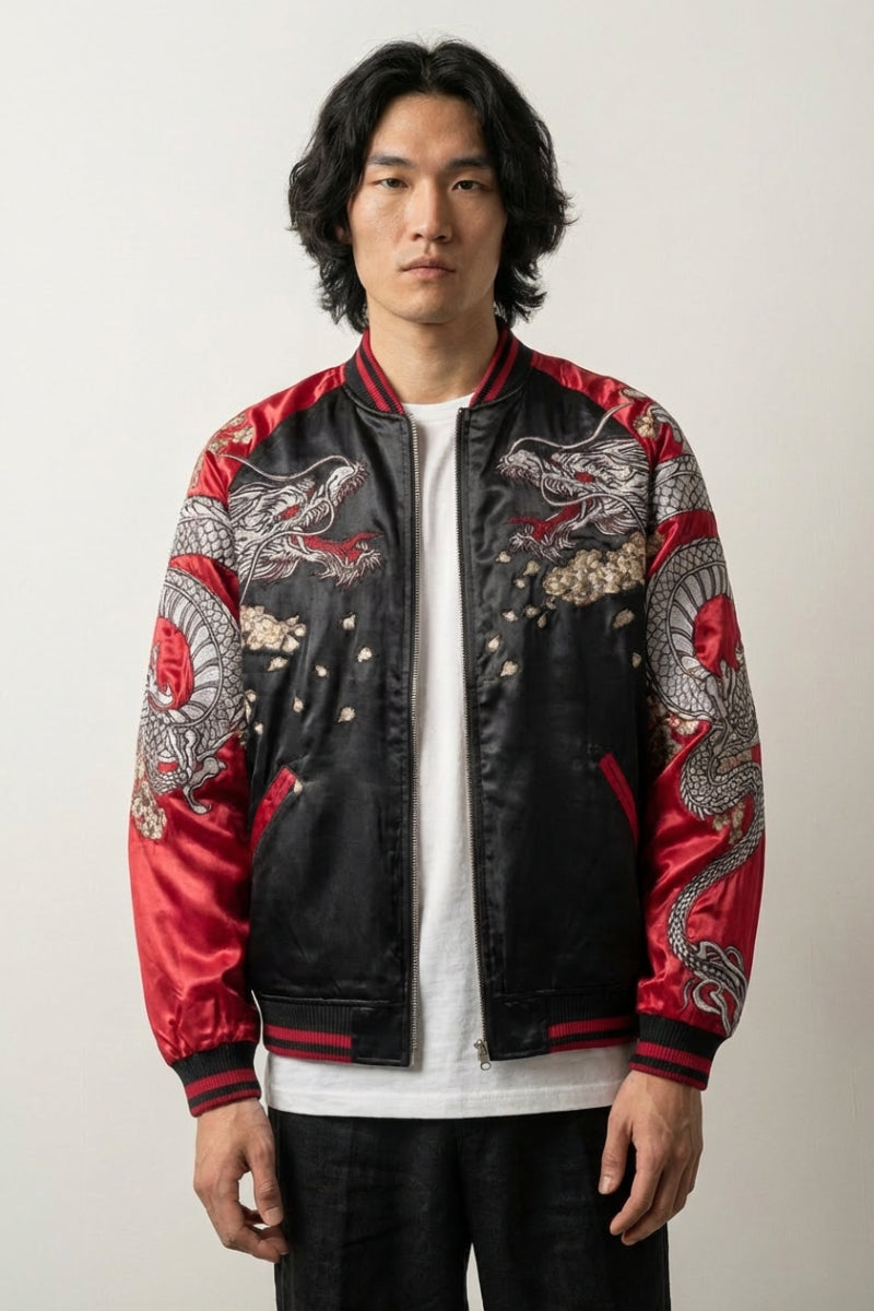 Sukajan dragón Ryuka no Ito rojo poliéster dragón plateado peonías streetwear japonés Ropa Japonesa
