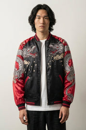 Sukajan dragón Ryuka no Ito rojo poliéster dragón plateado peonías streetwear japonés Ropa Japonesa