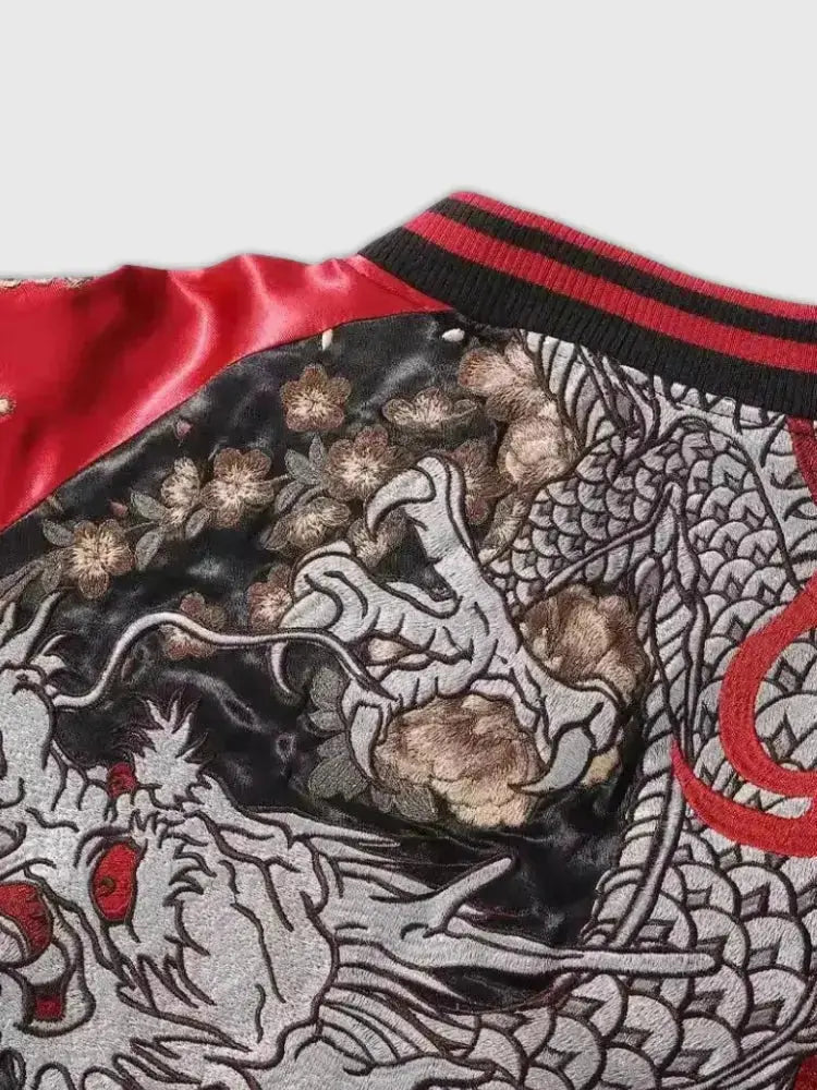 Sukajan dragón Ryuka no Ito rojo poliéster dragón plateado peonías streetwear japonés Ropa Japonesa